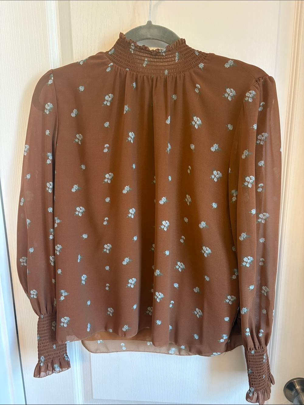 Aritzia Brown Floral Smocked-Neck Blouse